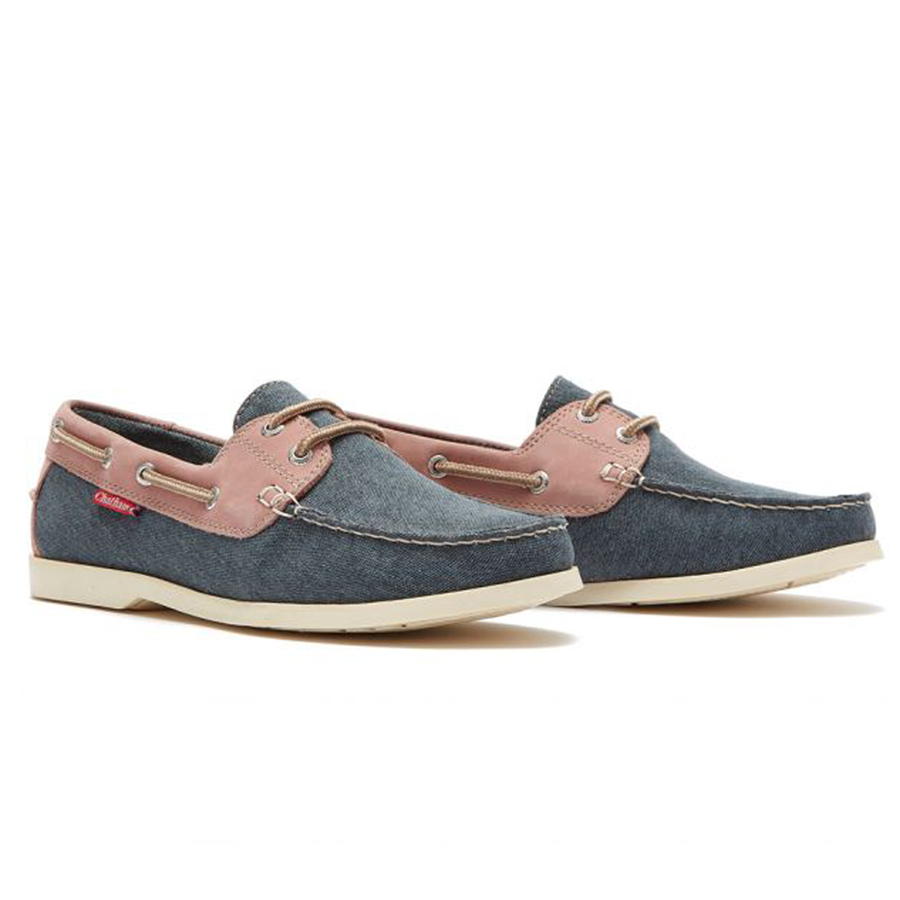 Chatham Ladies Bantham Premium Leather & Canvas Boat Shoes - Navy & Pink - Image 3