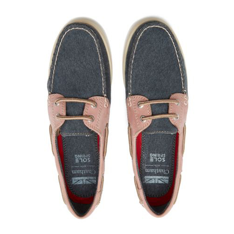 Chatham Ladies Bantham Premium Leather & Canvas Boat Shoes - Navy & Pink - Image 2
