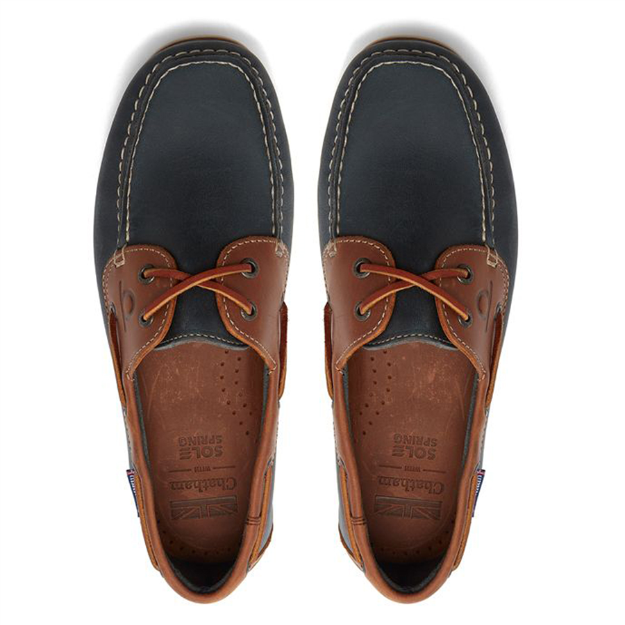 Chatham Mens Whistable Premium Leather Boat Shoes - Navy & Tan - Image 2