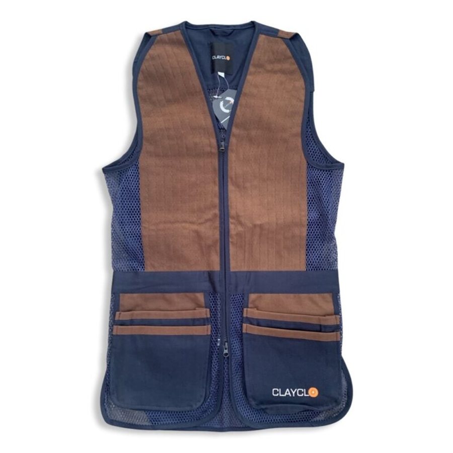 Clayclo Mens Classic Pro shell Skeet Vest - Navy Blue & Mesh Brown Suede
